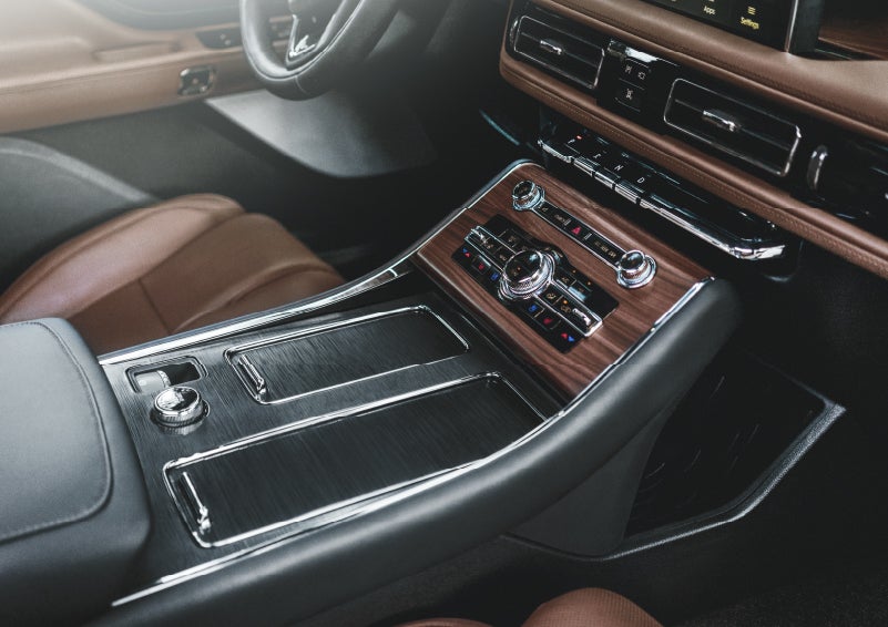 The front center console of a 2024 Lincoln Aviator® SUV is shown | Buss Lincoln in McHenry IL